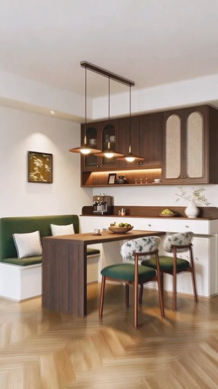 Dark brown upper cabinets with woven accents above a white kitchen counter and dining area.
