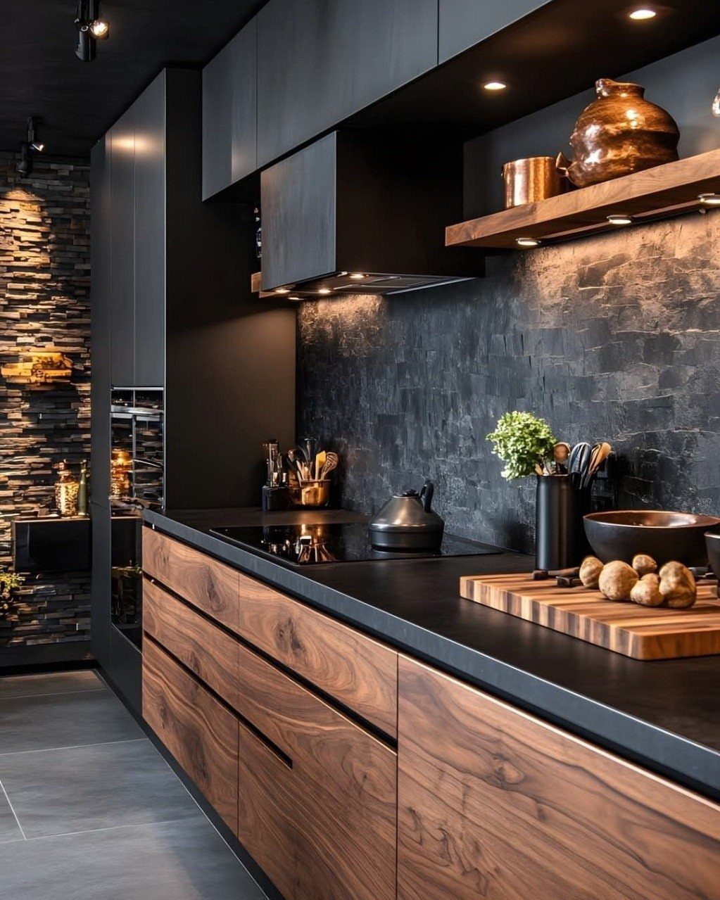 Modern kitchen with dark matte black cabinets, black stone backsplash, and wood lower cabinetry.