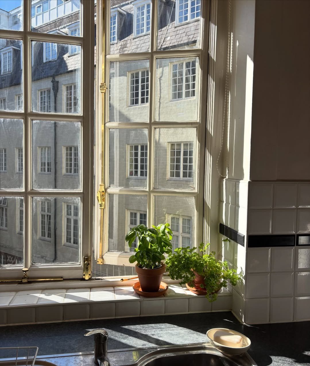 Kitchen window with white frames overlooking a stone building with potted herbs.