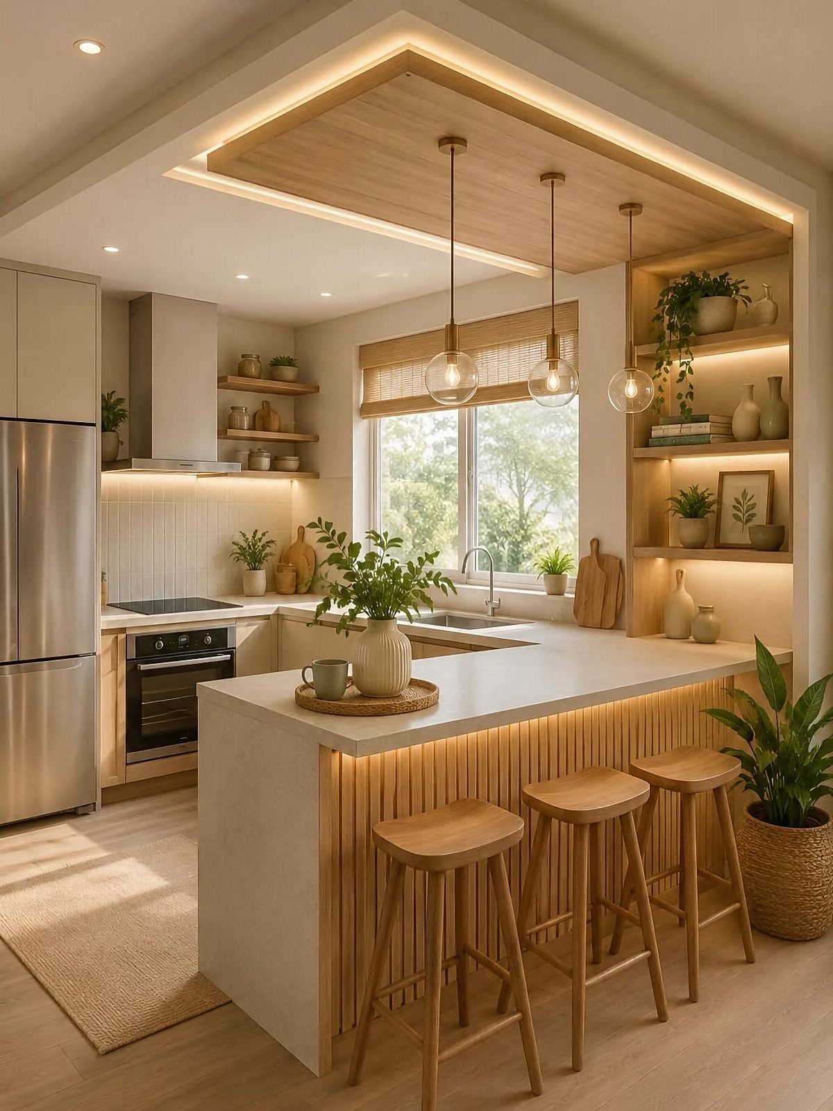 Light wood kitchen cabinets and peninsula with three wooden stools in a bright room.