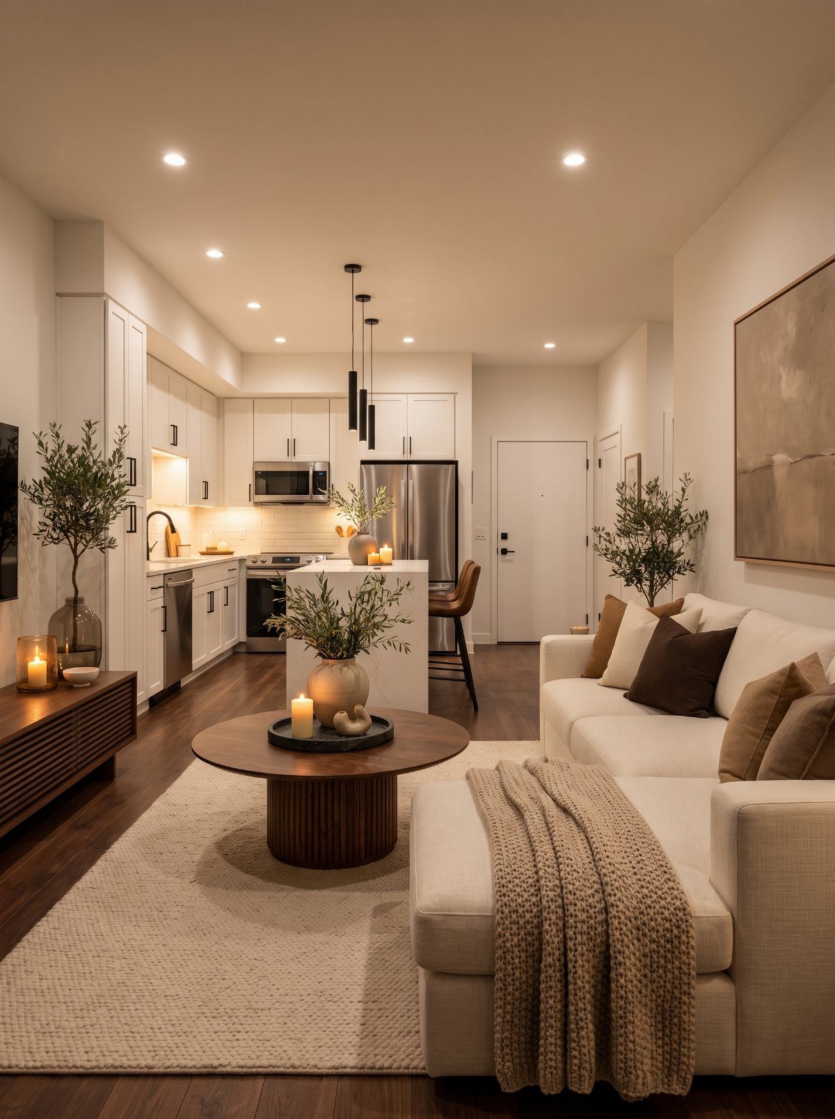 Open concept living room and white kitchen with a peninsula and neutral furniture.