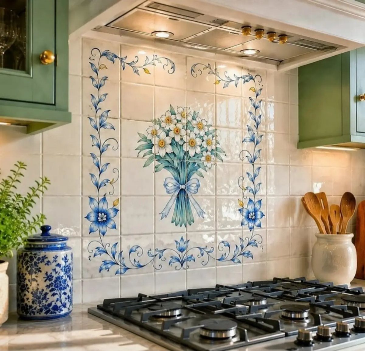 Floral painted tile backsplash in a kitchen with green cabinets and gas stove.