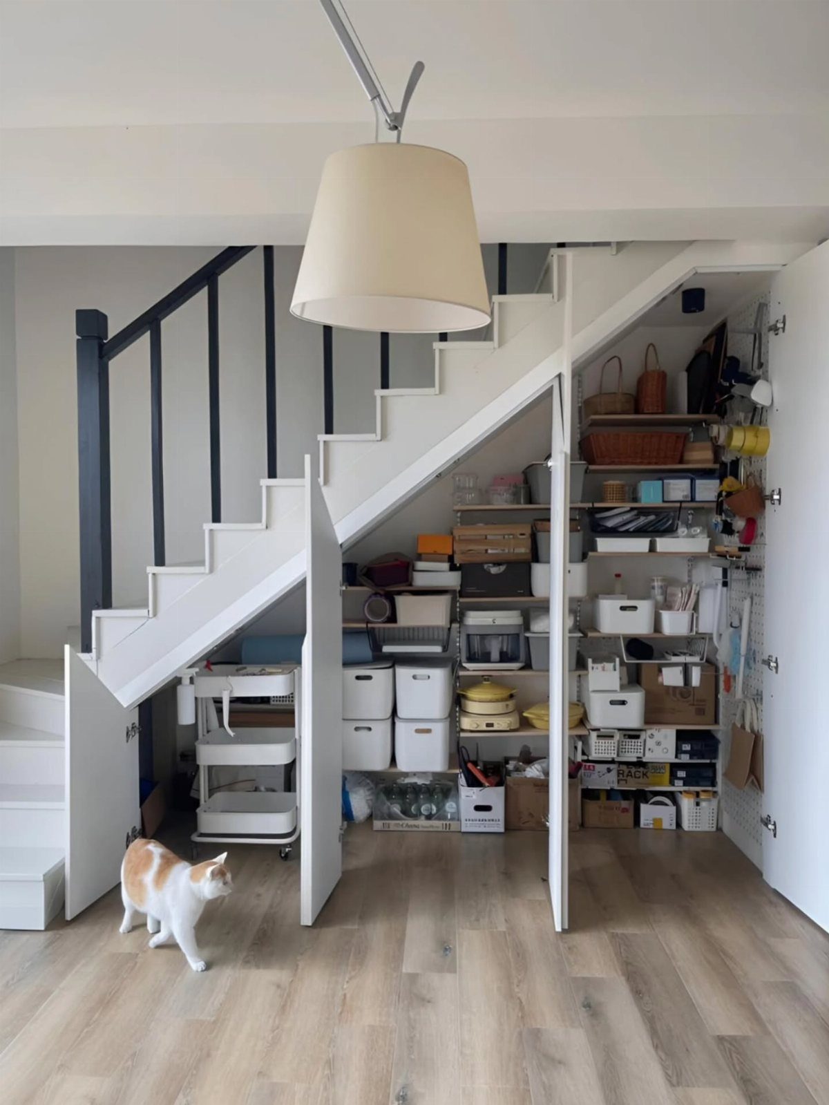 White staircase with built-in pantry shelving and storage bins under the stairs.