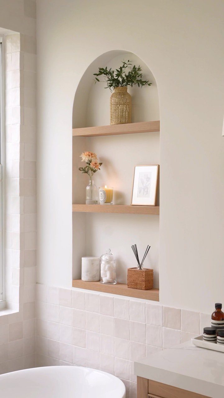 Arched recessed wall niche with three wooden shelves holding decorative bathroom accessories.
