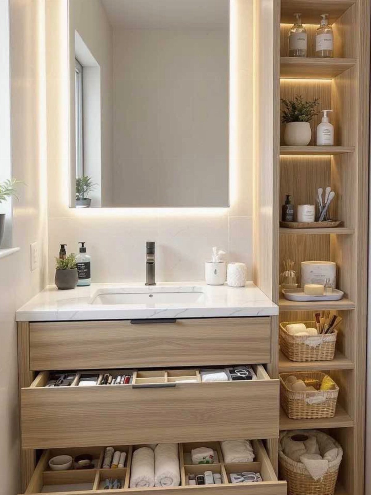 Modern bathroom vanity with a tall built-in wooden shelving unit and integrated lighting.