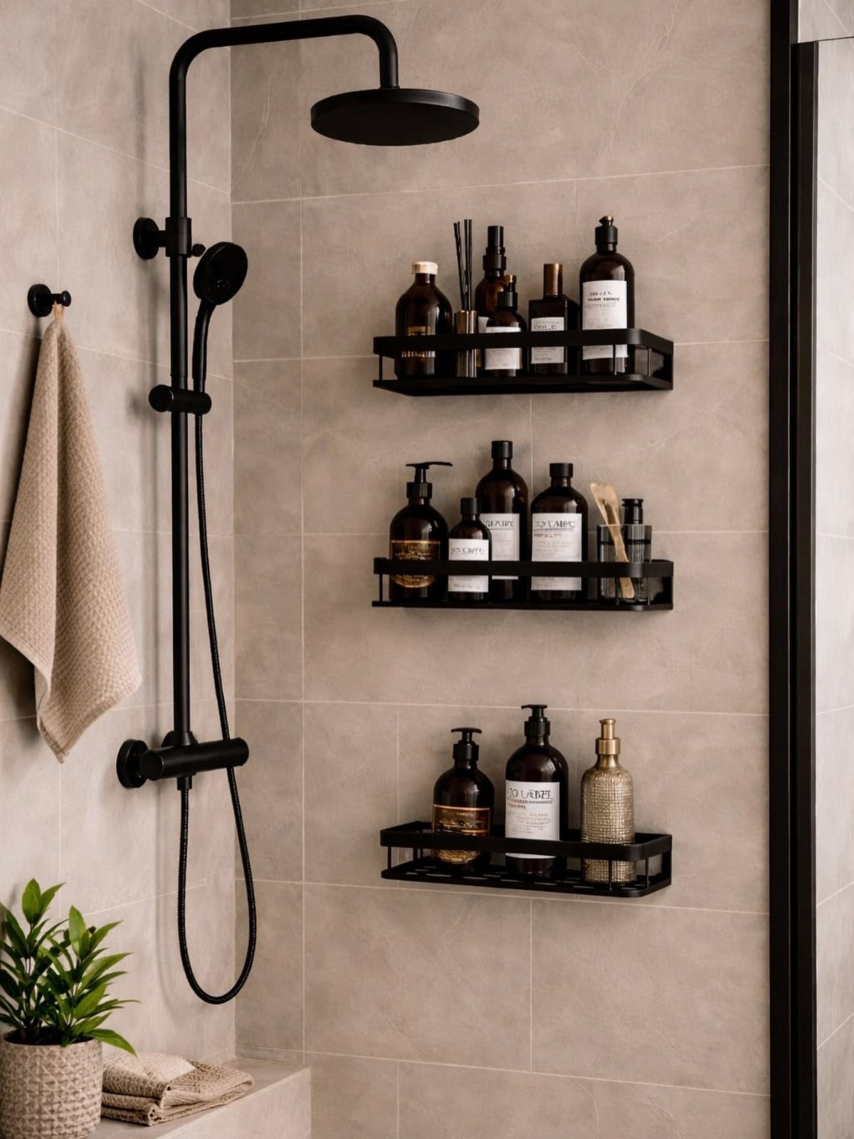 Black metal wire shelves with brown bottles on a beige tiled bathroom wall.