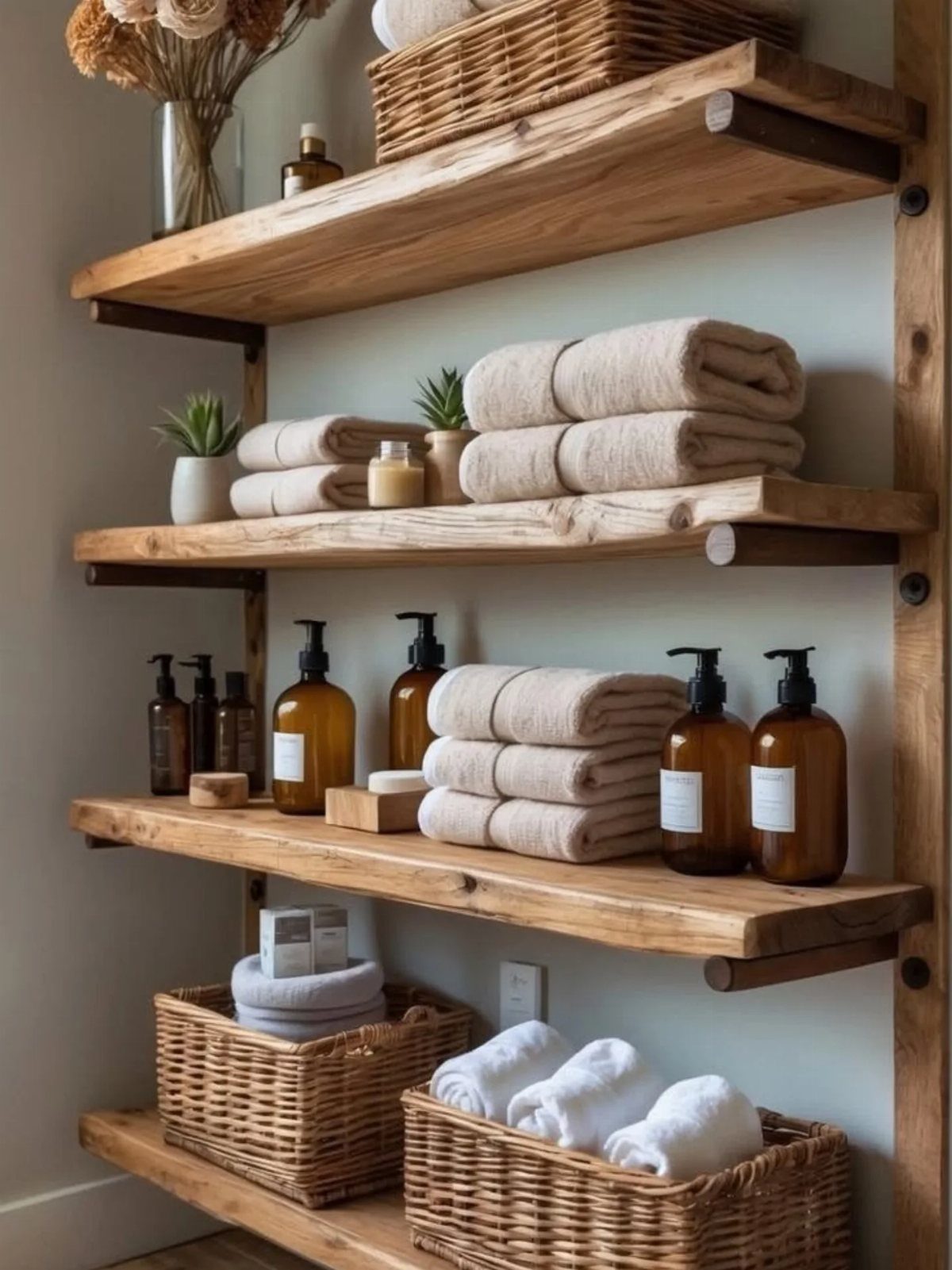 Natural wood floating shelves in a bathroom holding towels, baskets, and amber bottles.
