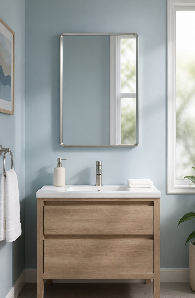 A 24-inch vanity topped with a mirror that is 20–22 inches wide.