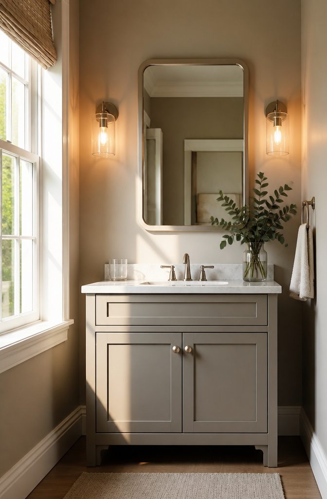 A 30-inch vanity with a 26-inch framed mirror and stylish accessories.