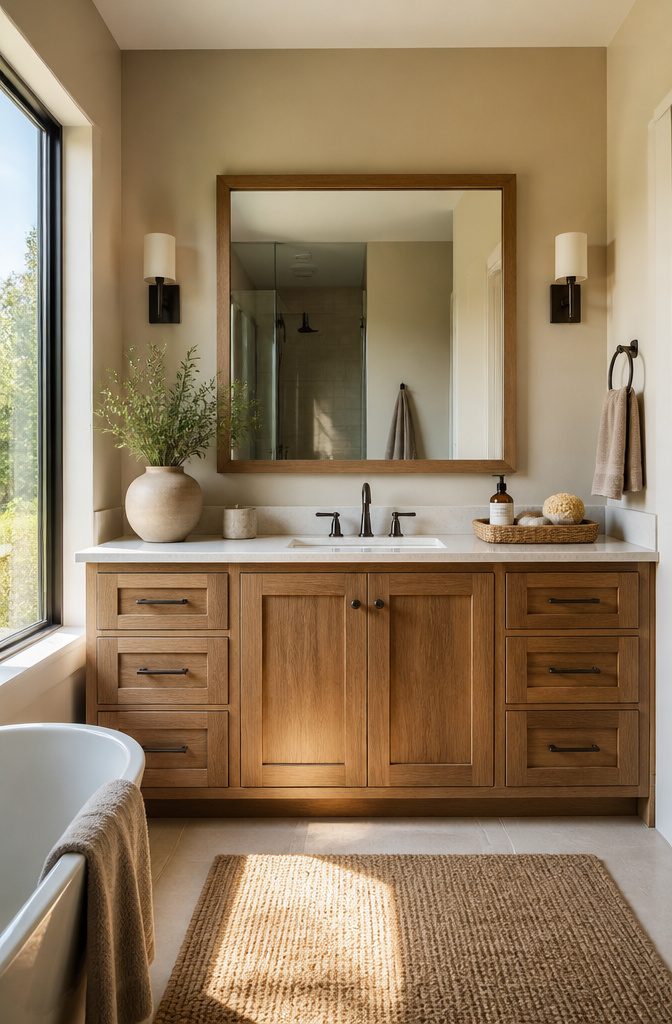A 48-inch vanity with a 36-inch rustic wood-framed mirror.