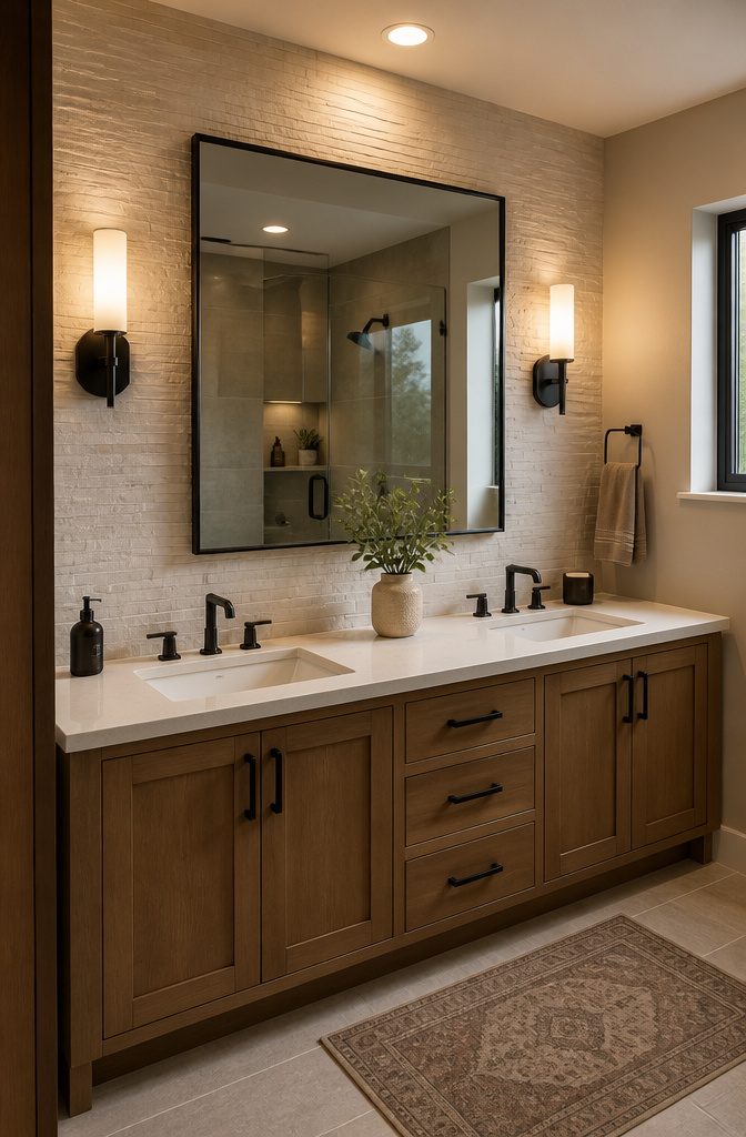 A mirror with sconces on either side, enhancing illumination.