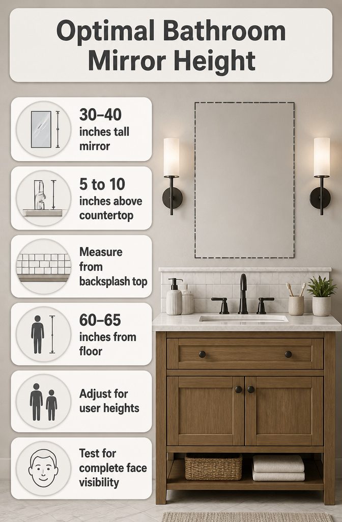 Instructions on optimal bathroom mirror height for mounting.