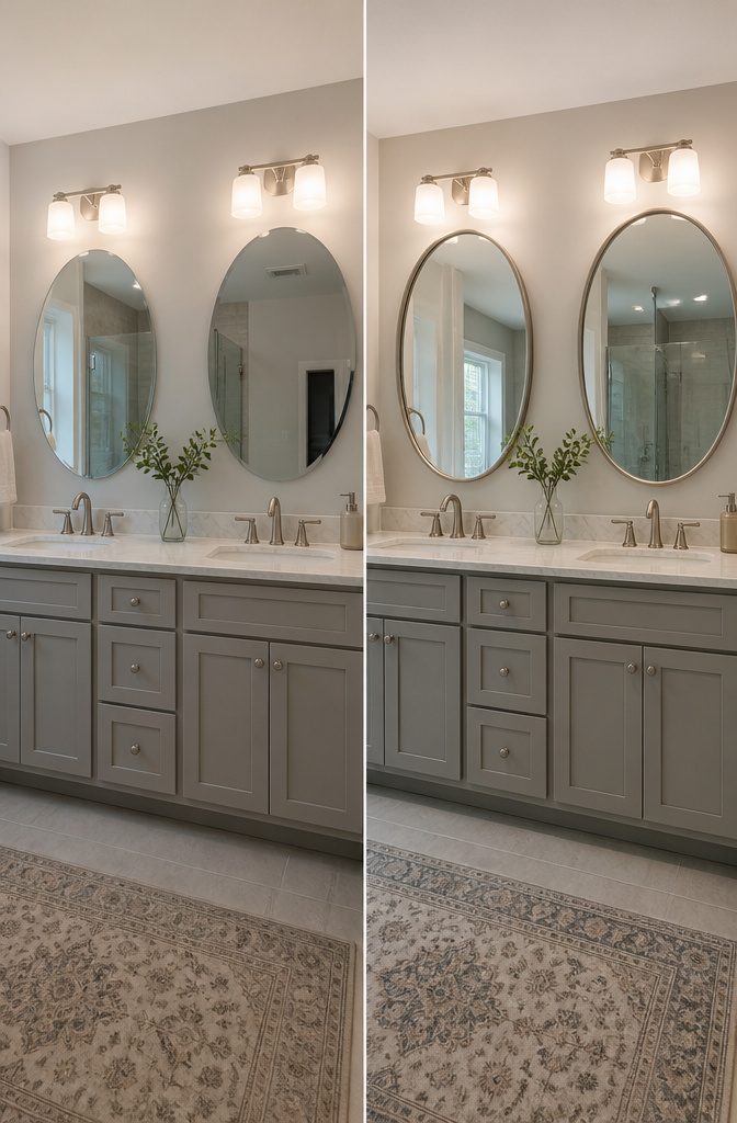 A double vanity with choices for single or dual mirrors over sinks.