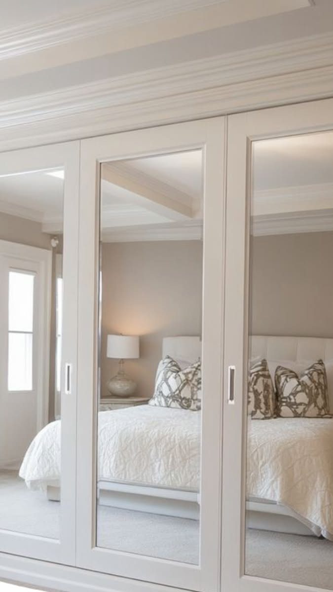 Mirrored bifold closet doors with white wood trim reflecting a bright bedroom interior