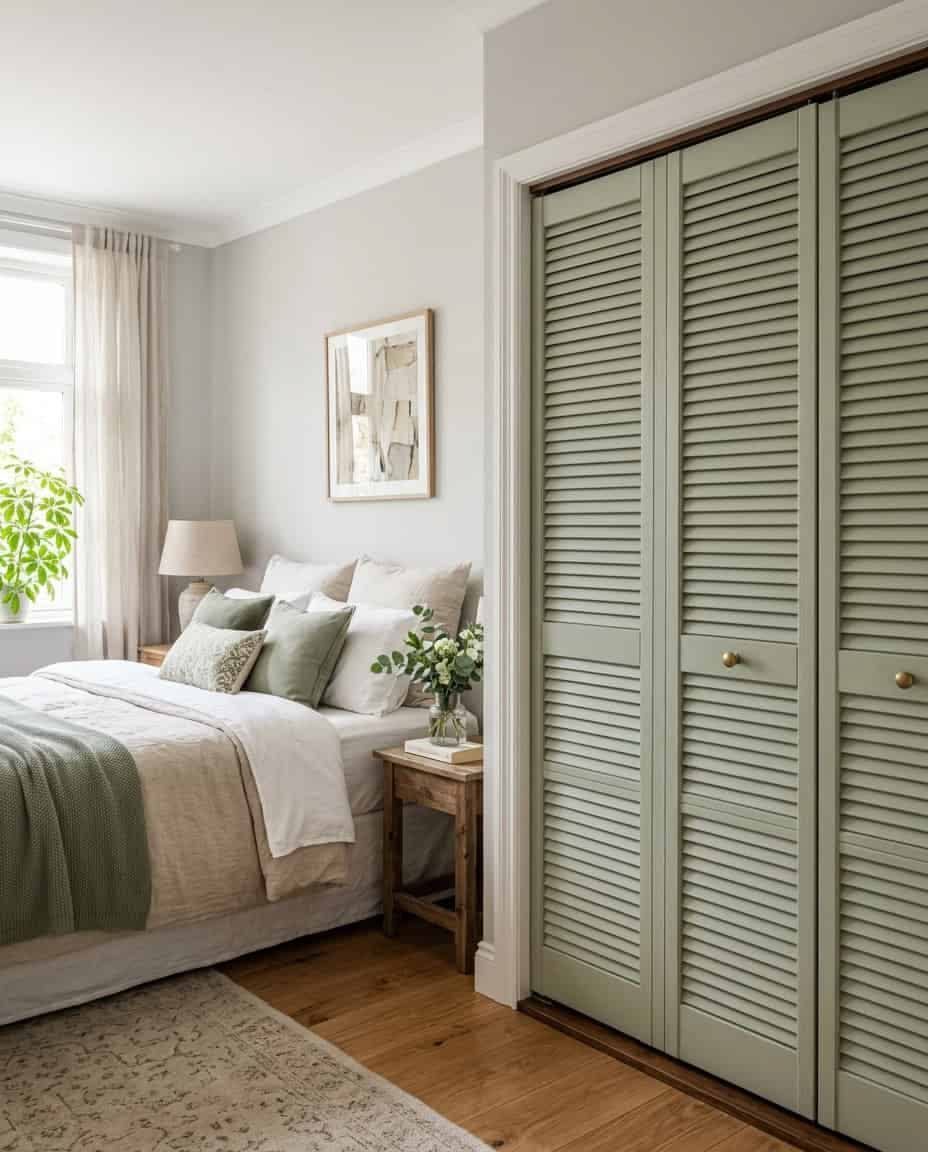 Sage green louvered bifold closet doors in a bright, modern bedroom setting.
