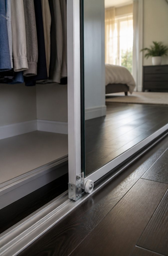 A photograph illustrating the adjustment of sliding mirror door rollers.