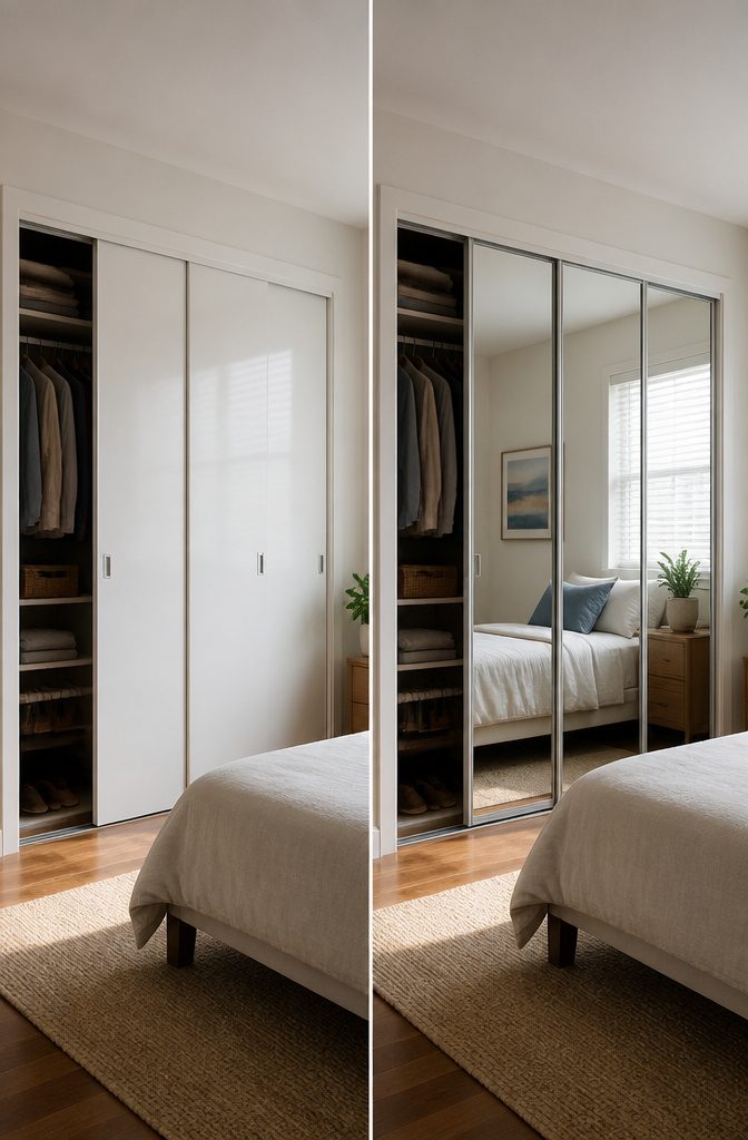 A photograph of two-panel sliding mirror doors in a bedroom.
