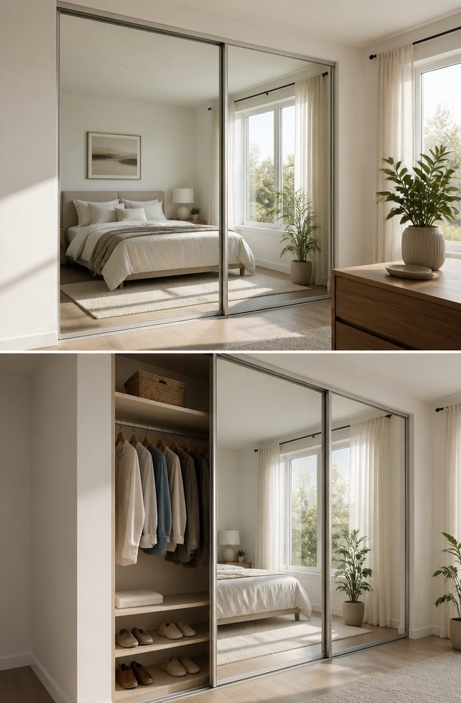 A photograph showcasing full mirror panels in a closet.