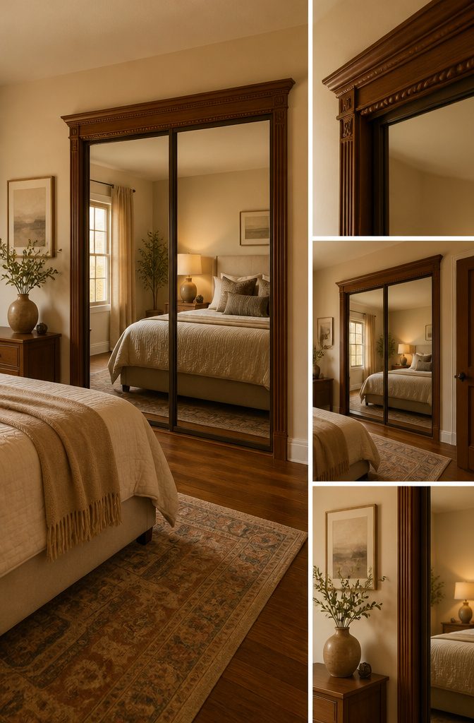 A photograph of various frame styles for sliding mirror doors.