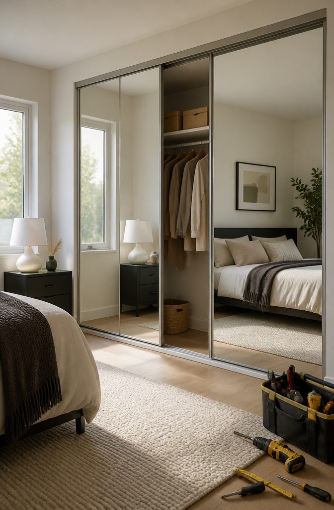A photograph of the installation process for sliding mirror doors.