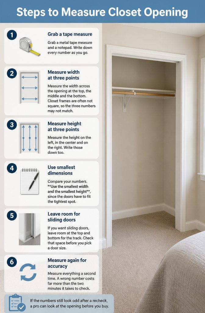 An information image detailing how to measure a closet opening.