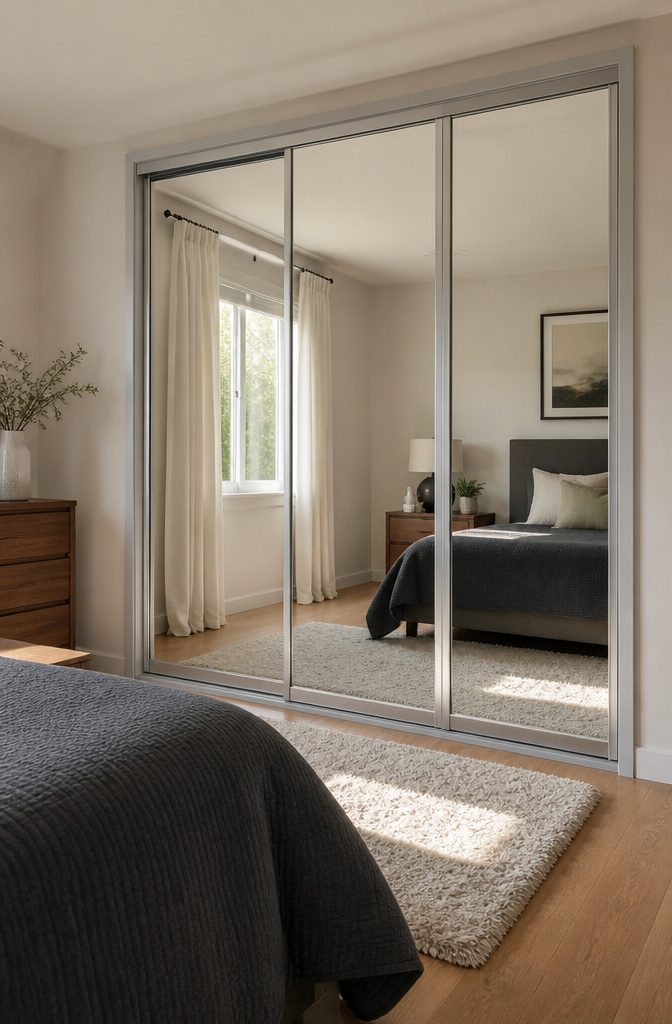 Sliding mirror doors framed in aluminum with warm wood accents.