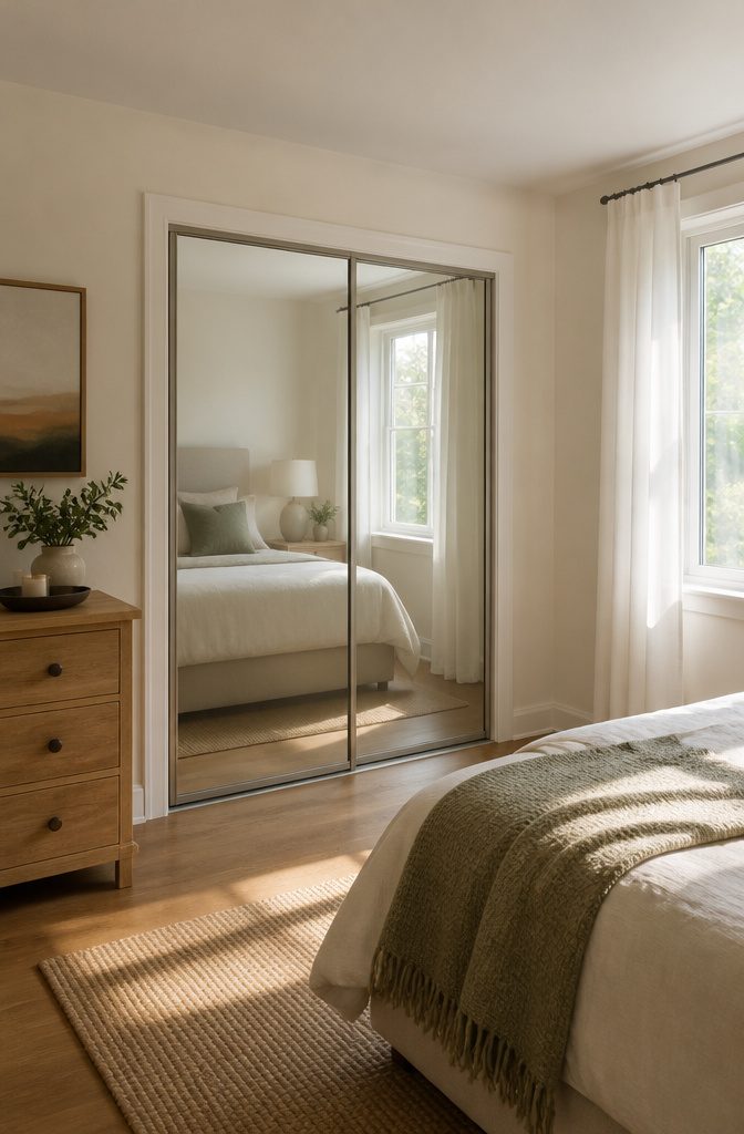A photograph showing how mirror doors enhance a small bedroom.