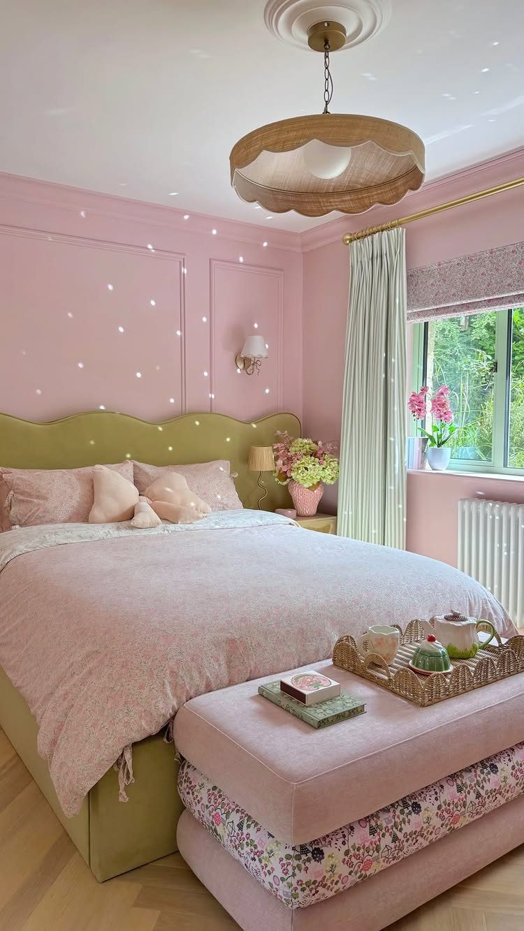 Pink bedroom with a green scalloped headboard and matching pink storage ottoman.