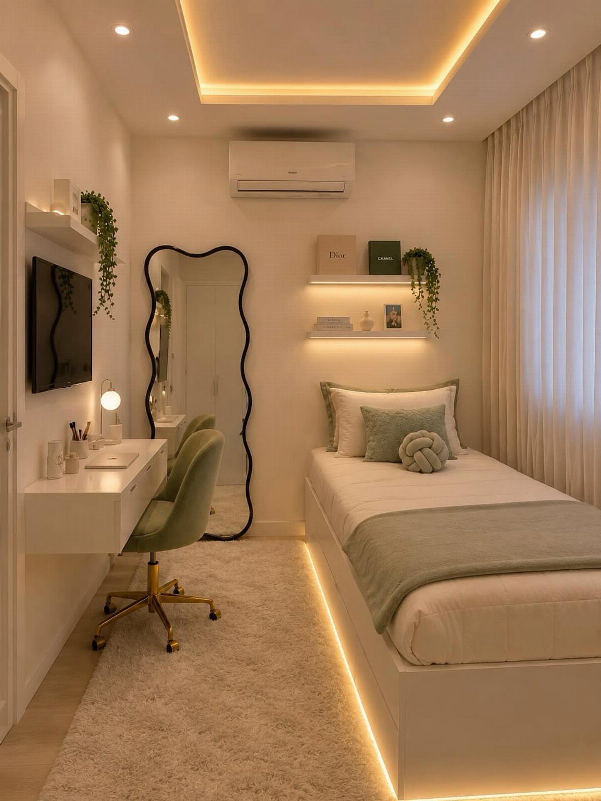 Modern teen bedroom with white furniture, green chair, and wavy black floor mirror.