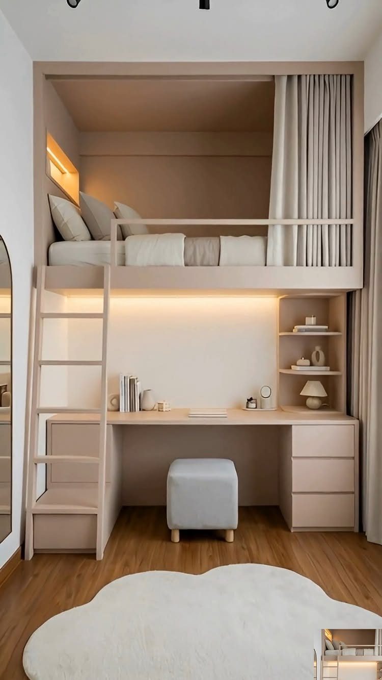 Lofted bed with a built-in desk and shelving in a neutral toned bedroom