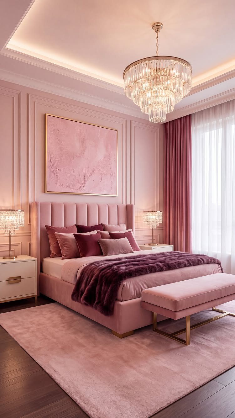 Crystal chandelier hanging over a luxurious pink bedroom with a tufted bed.