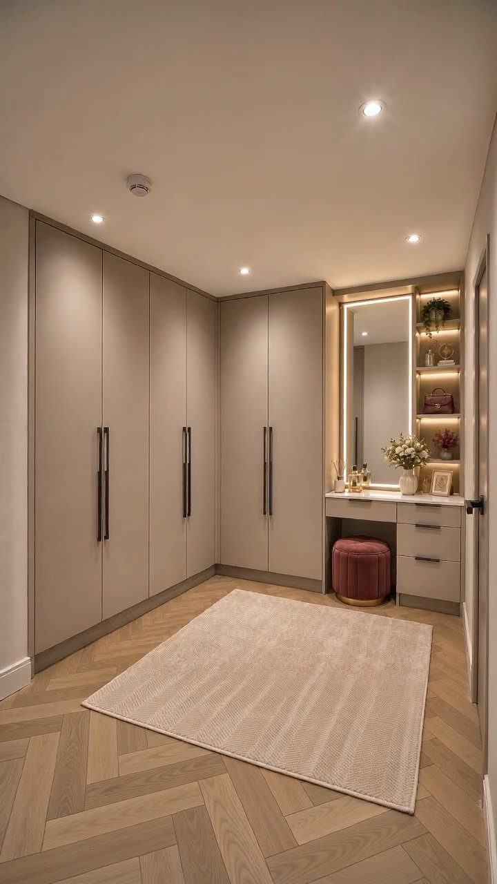 Vanity station with a backlit mirror, white desk, and maroon stool in a bedroom.