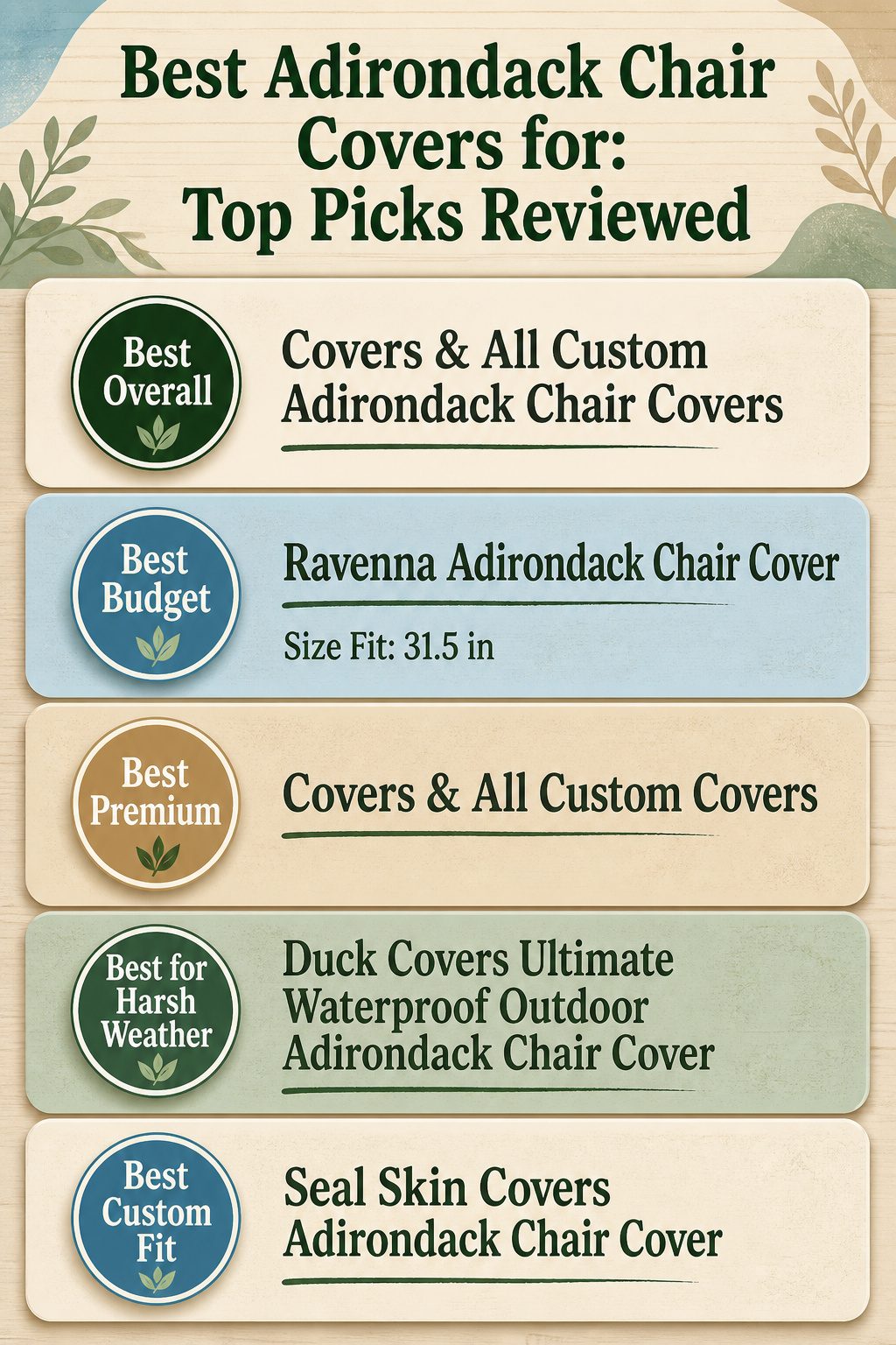 Infographic comparing different Adirondack chair covers with product details