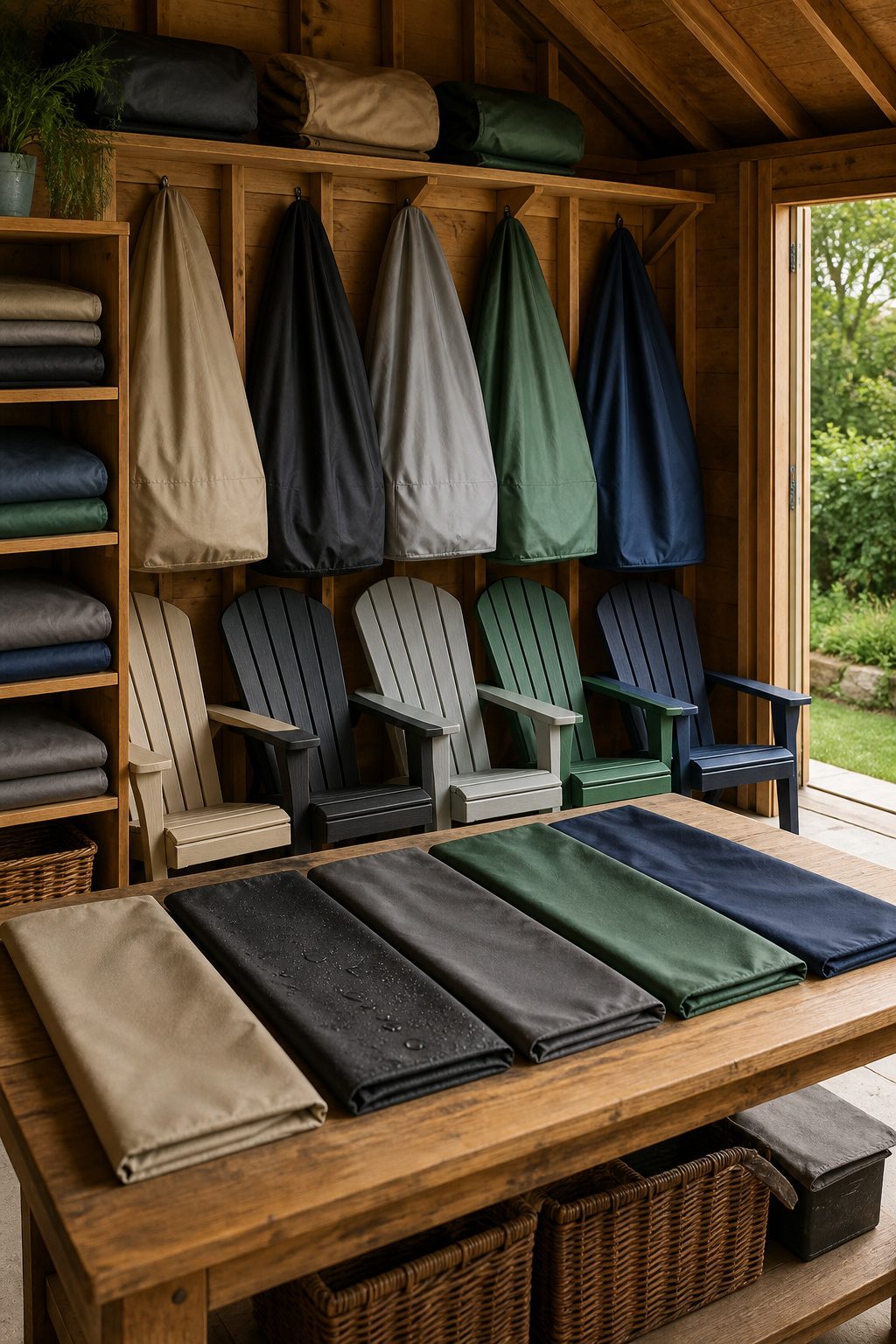 An organized display of various Adirondack chair covers on a table