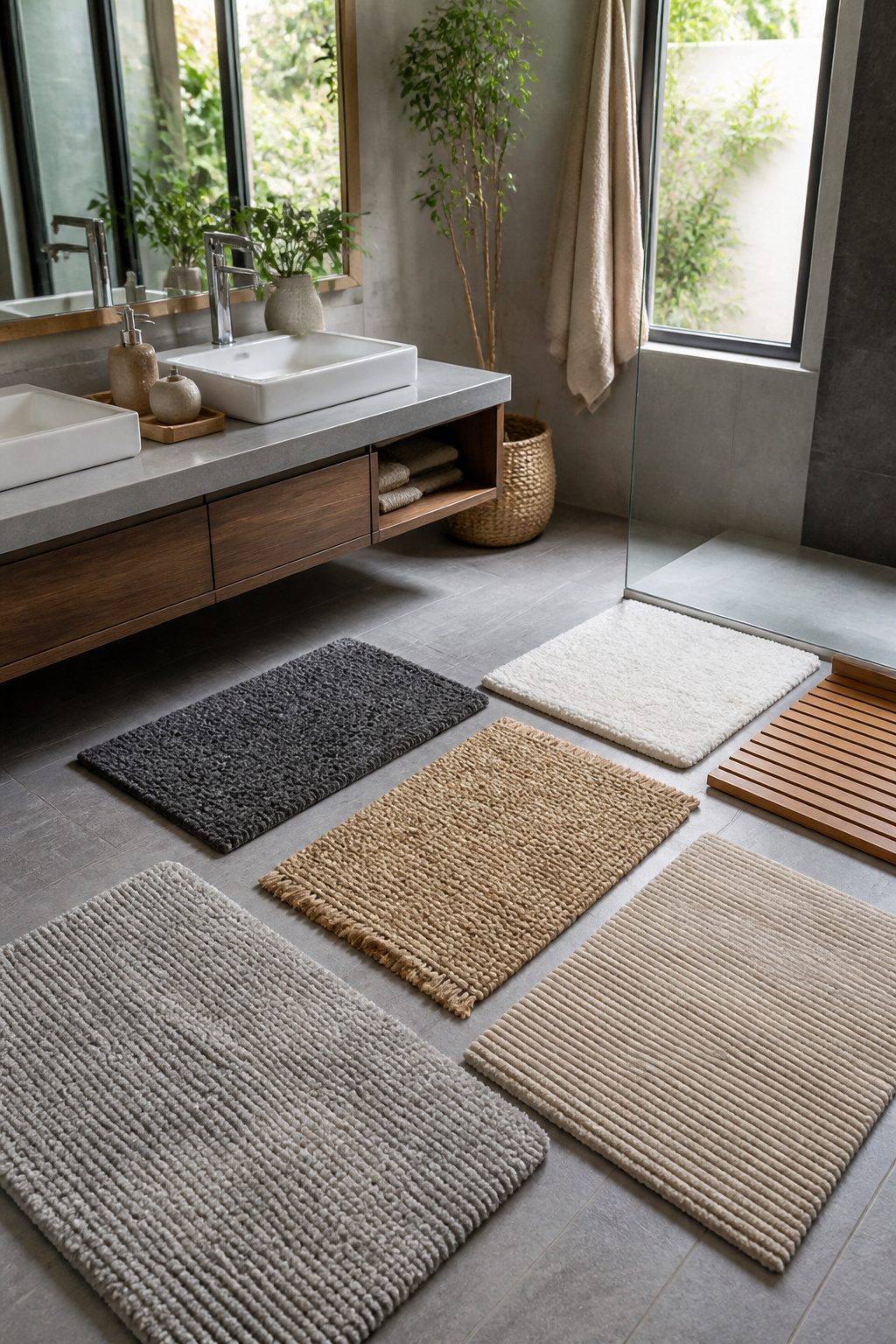 Cotton and microfiber bathroom rugs displayed in a bright setting