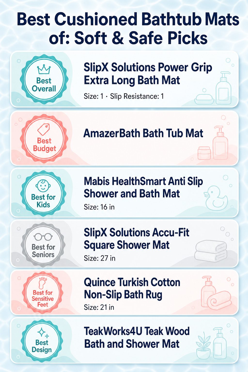 An infographic comparing different cushioned bathtub mats with product details.