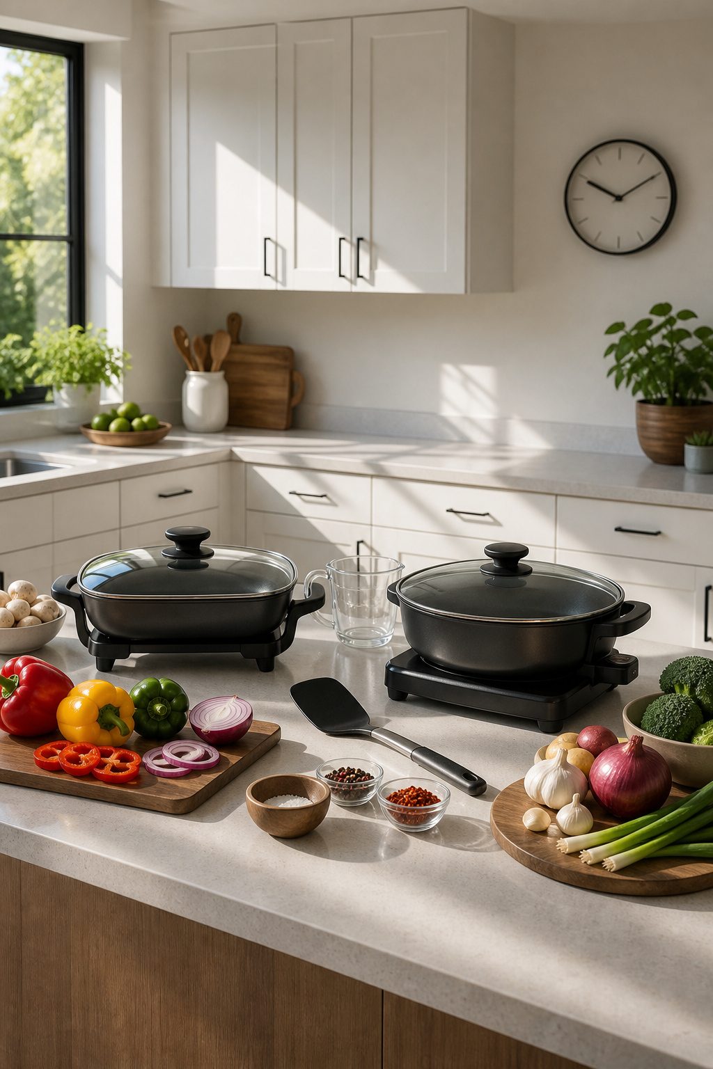 Bright, minimalist kitchen with an electric skillet on the counter