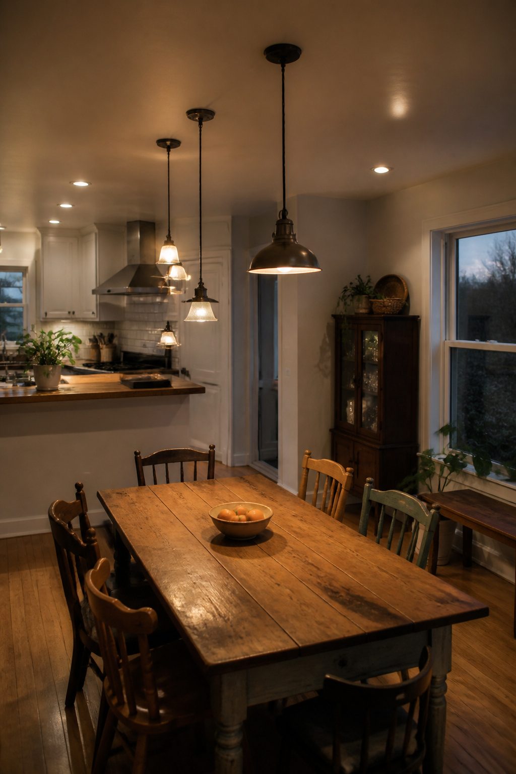 Empty dining area with a bright overhead light