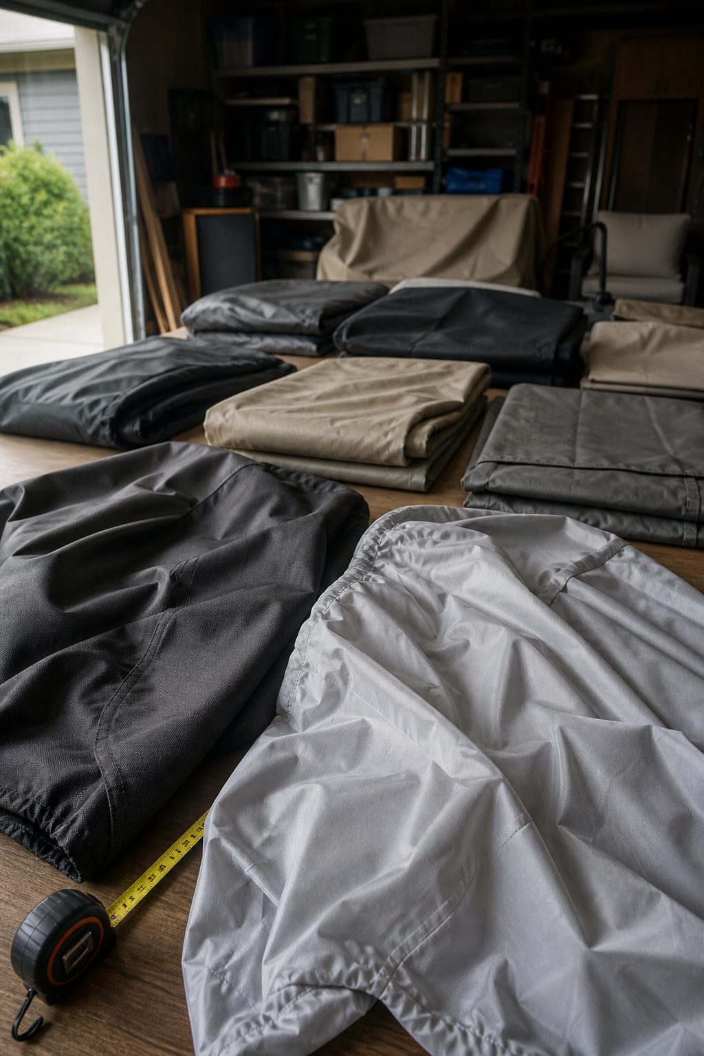 Open garage with patio furniture covers displayed on a table