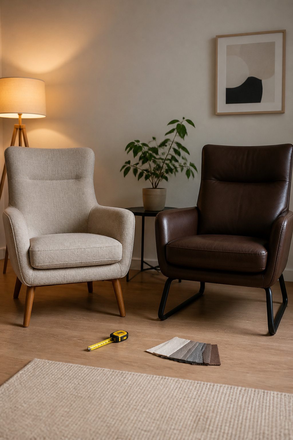 Minimalist lounge chair in a bright room with a small table
