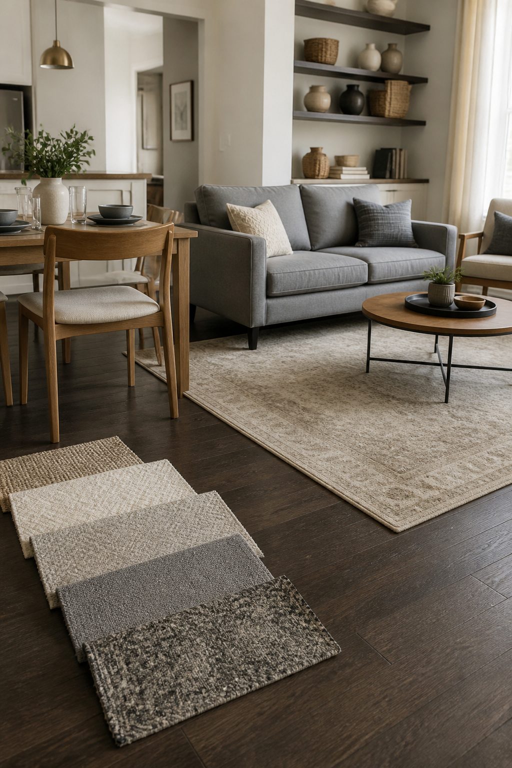 Open concept dining area with a grey couch and colorful rug