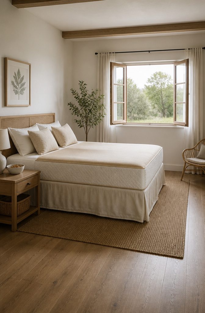 A bamboo mattress protector on a bed with sunlight filtering through.