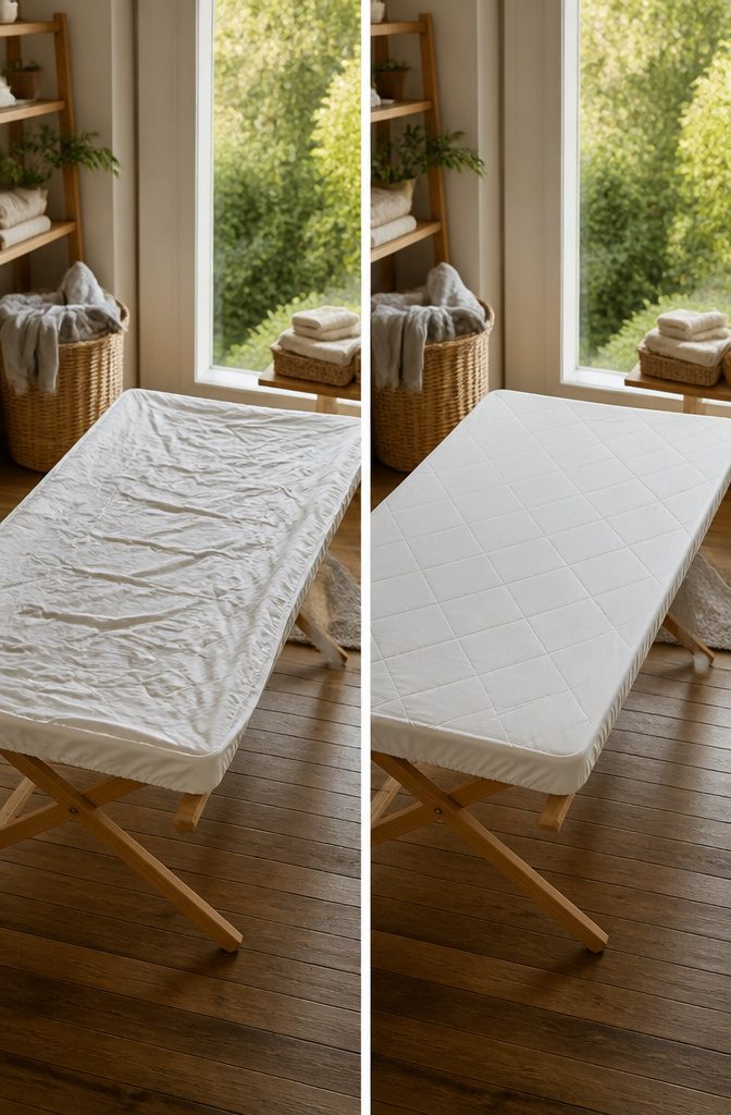 A drying rack with a mattress protector laid flat to air dry.