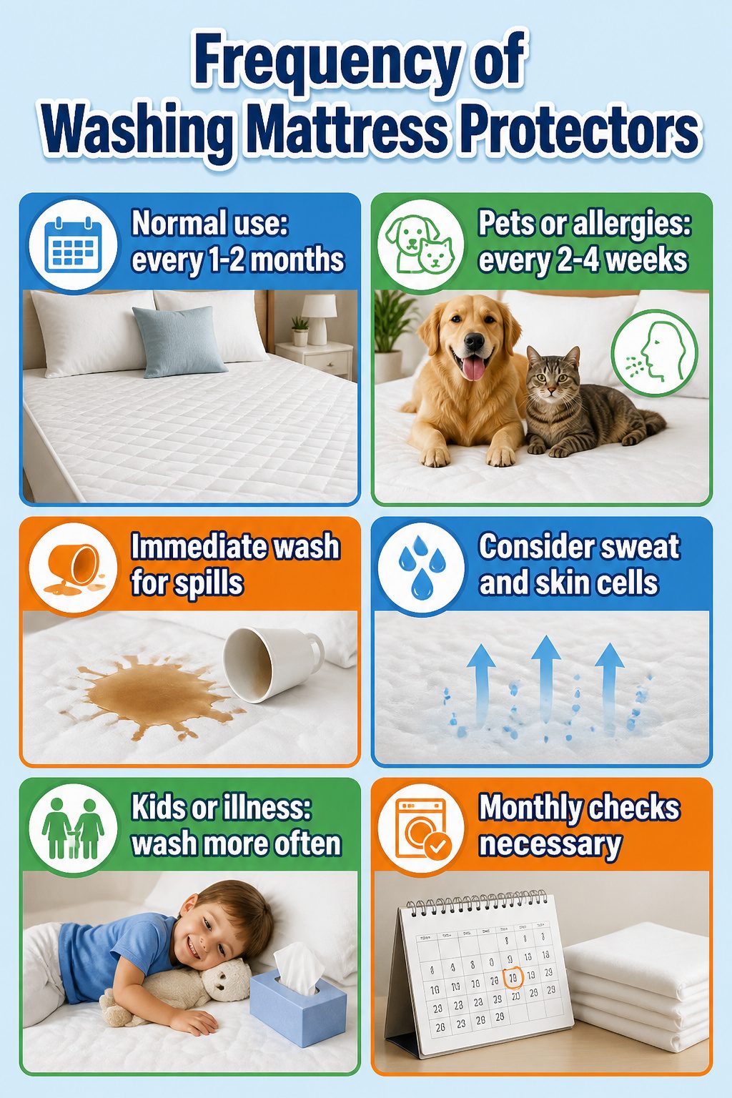 A calendar highlighting the frequency of washing mattress protectors.