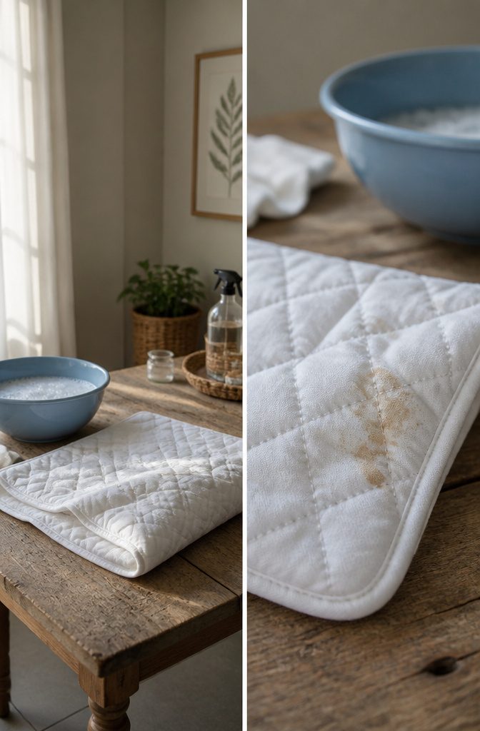 A clean mattress protector with visible stains being spot-treated.