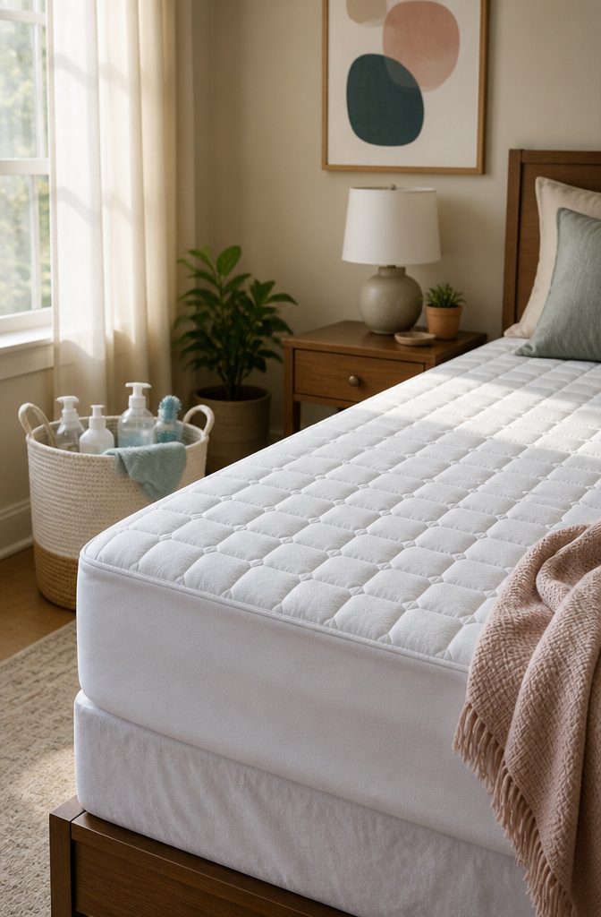 A plush quilted mattress protector covering a bed.