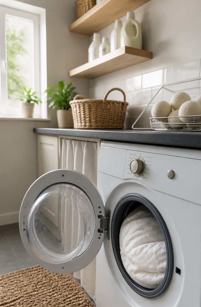 A washer door slightly open, showing a clean mattress protector.