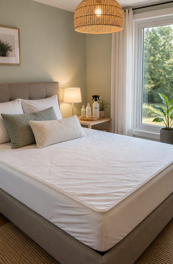 A waterproof mattress protector on a bed with laundry supplies nearby.