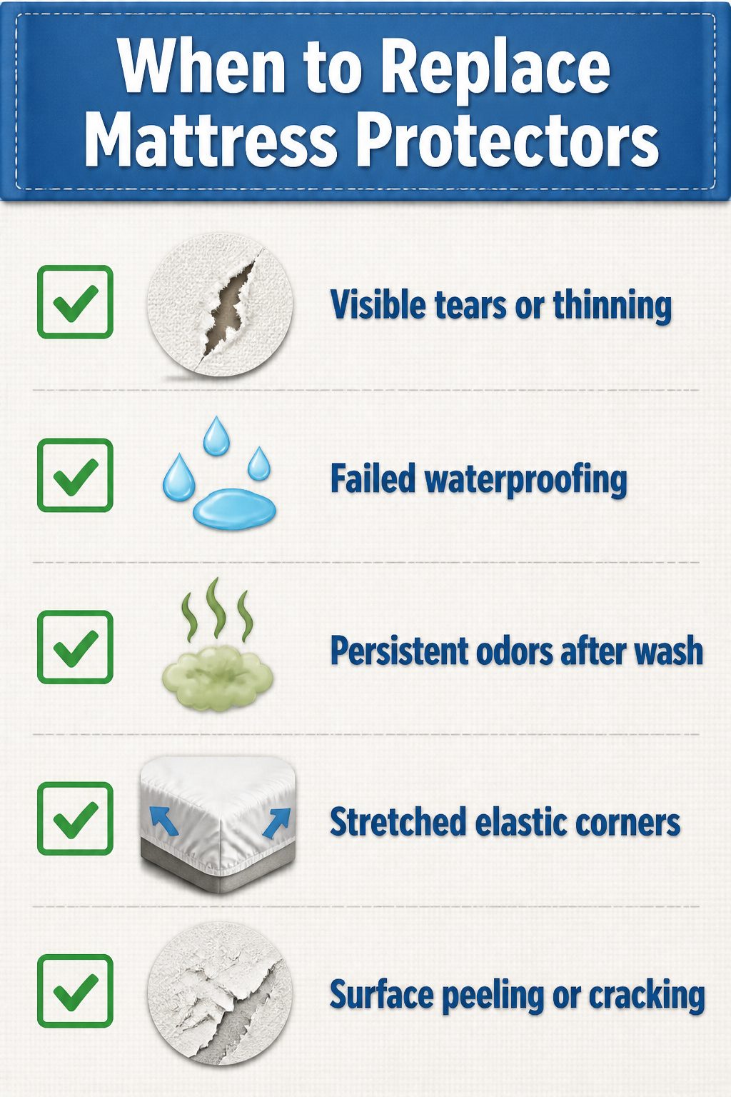 A close-up of a mattress protector showing signs of wear.