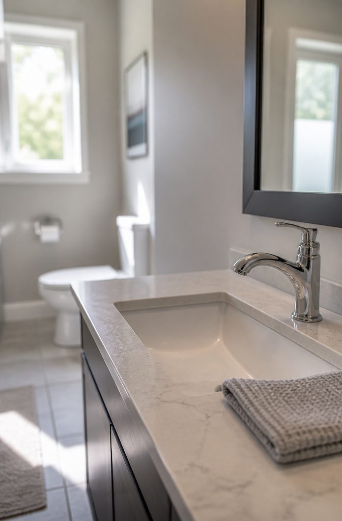Bathroom sink positioned away from a toilet.